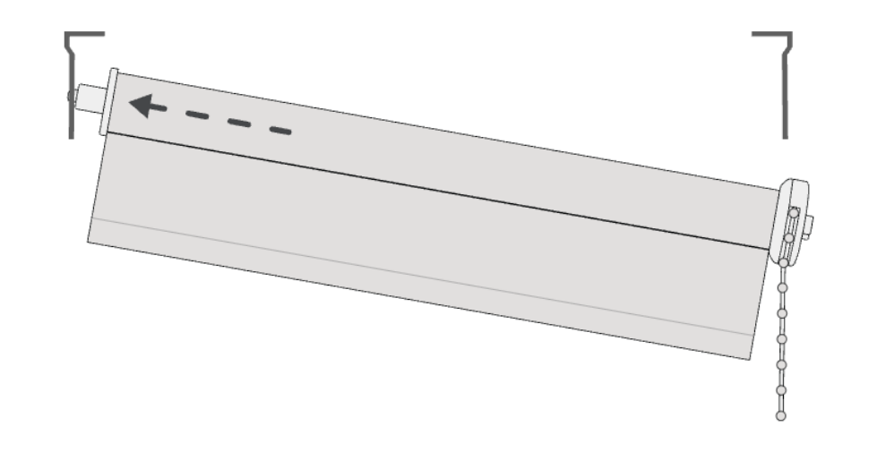 Diagram: the blind tilted with its pin end raised to the left bracket, and a dashed arrow pointing left to show pushing the spring pin into the round-hole bracket.