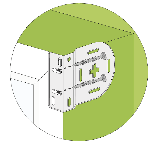 Diagram: a bracket held against the vertical front mounting surface, with two screws and dashed arrows showing them driven horizontally through the bracket foot into the surface.