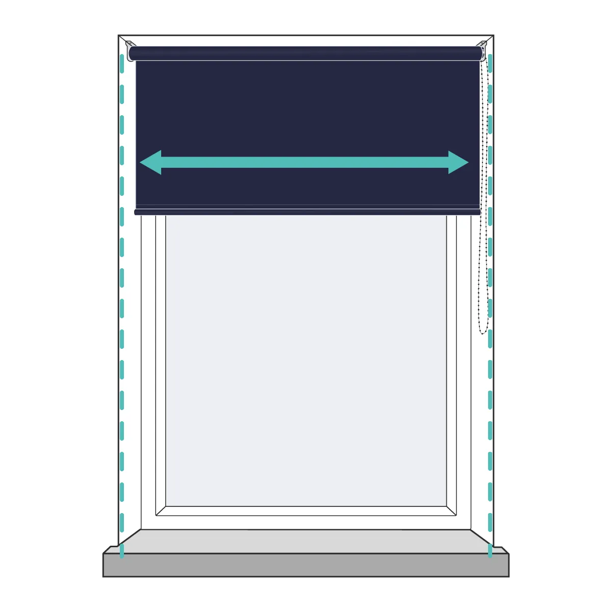 A roller blind fitted inside the window recess, within the opening.