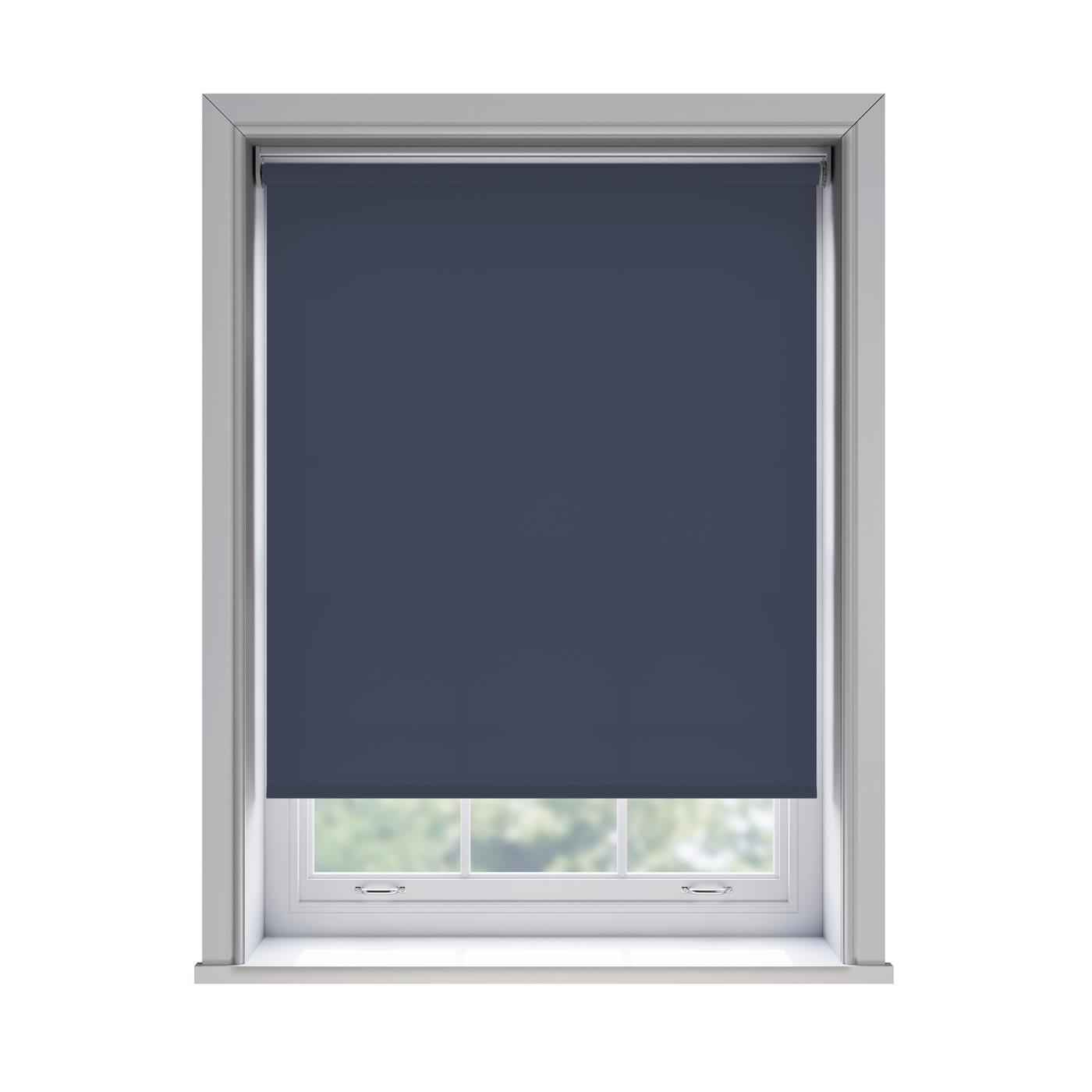 Splash Indigo light filtration roller blind fitted in a white sash window