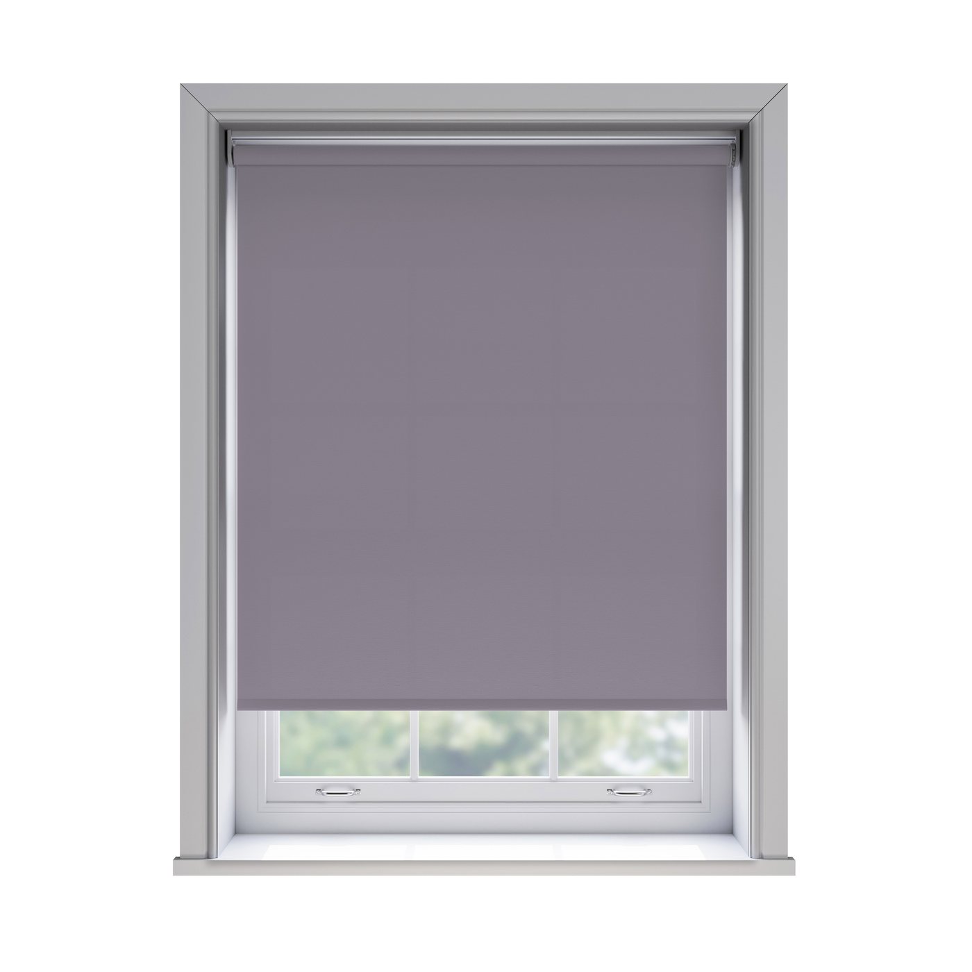 Splash Sloe light filtration roller blind fitted in a white sash window