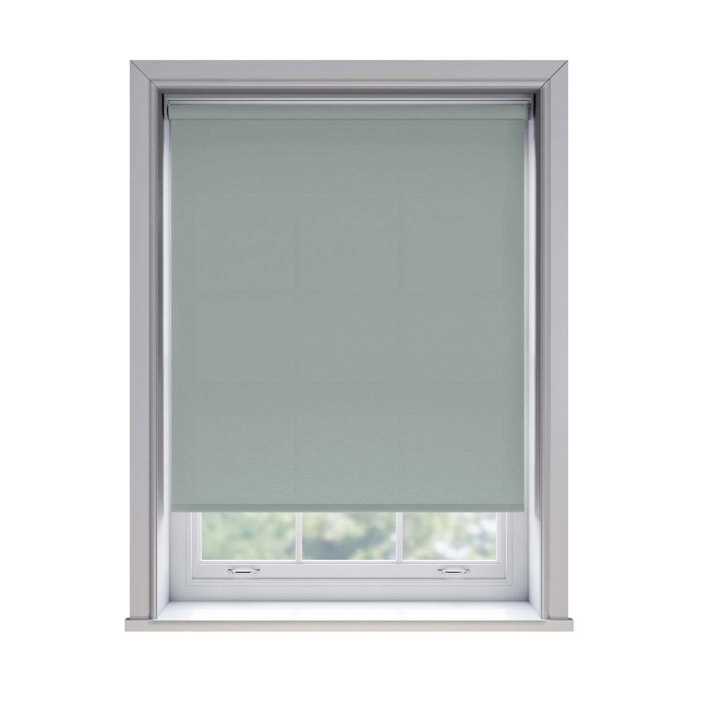 Splash Duck Egg light filtration roller blind fitted in a white sash window