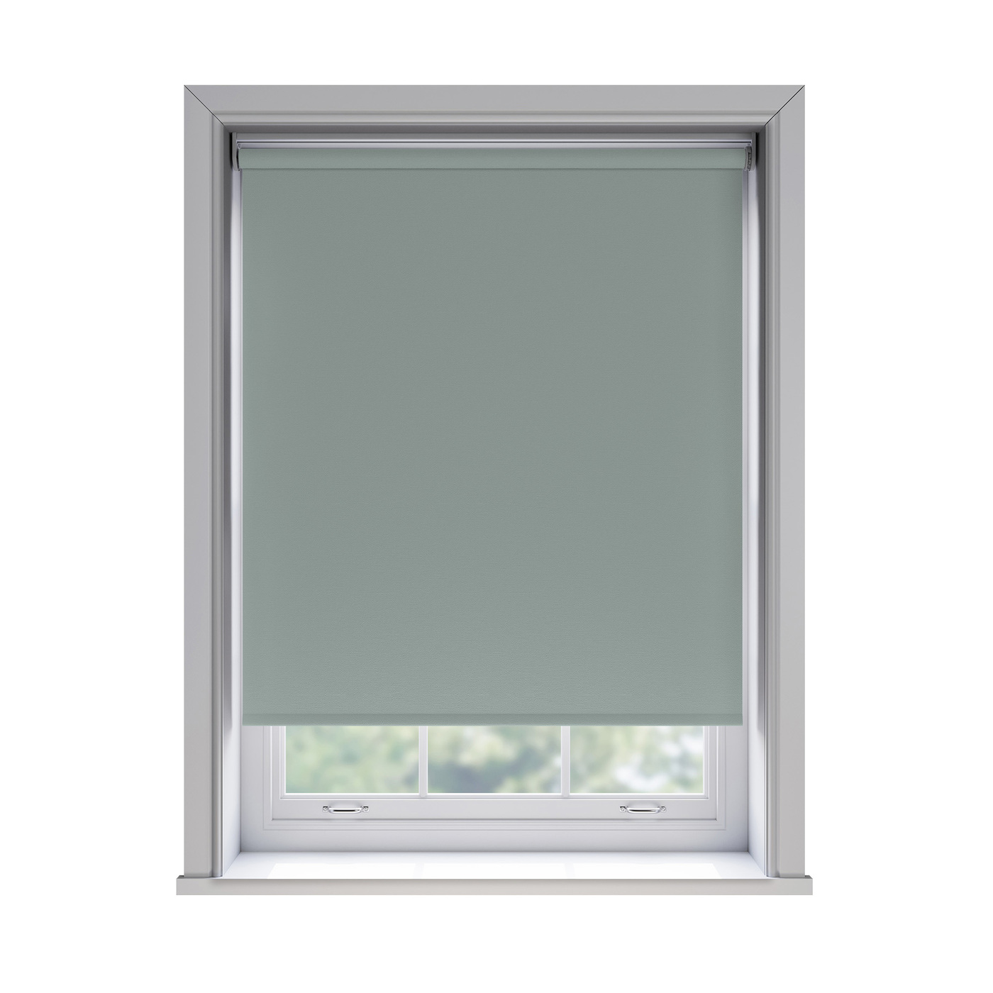 Bella Duck Egg blockout roller blind fitted in a window