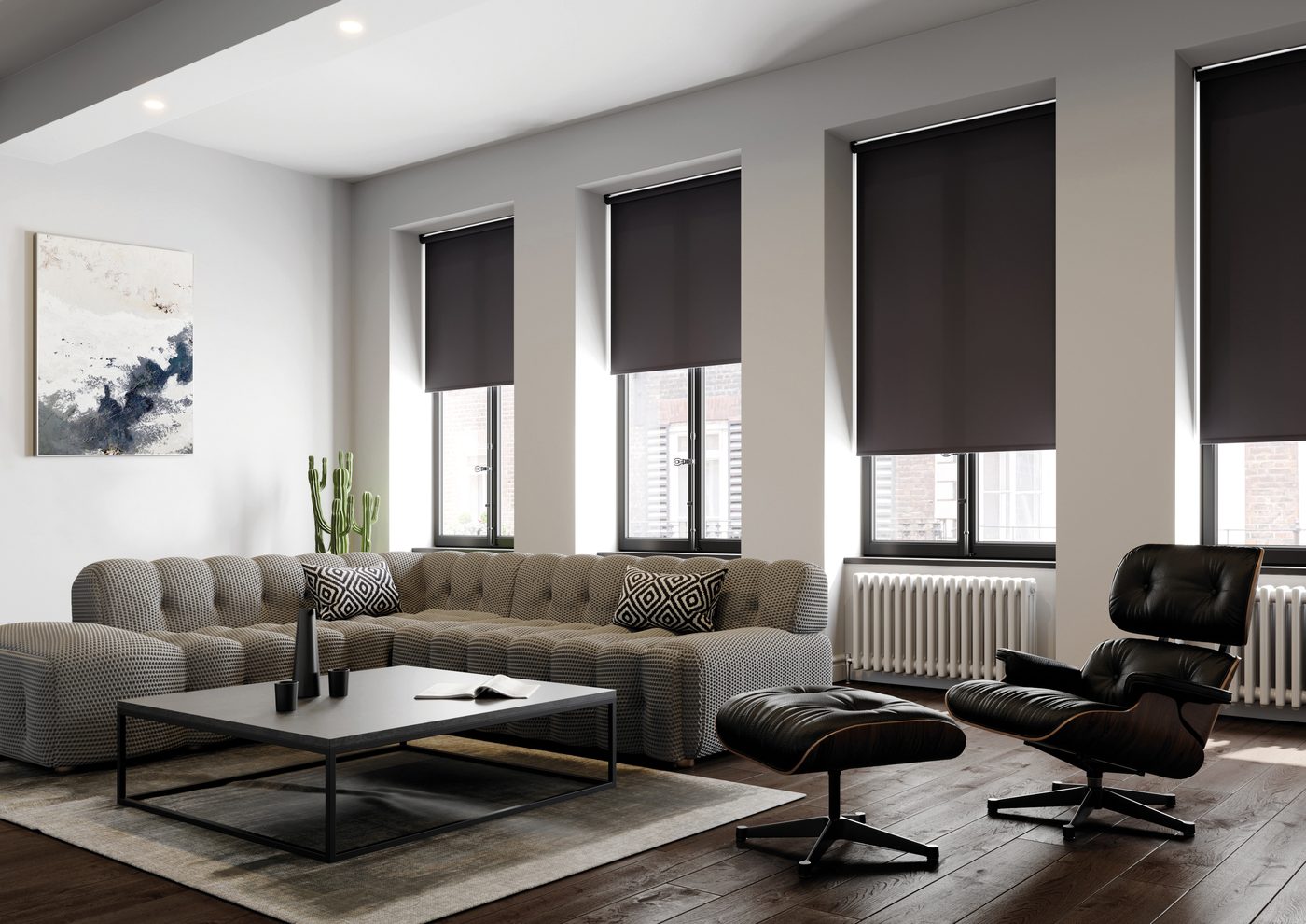 Dark Scope Impact roller blinds in a neutral living room with a grey sofa