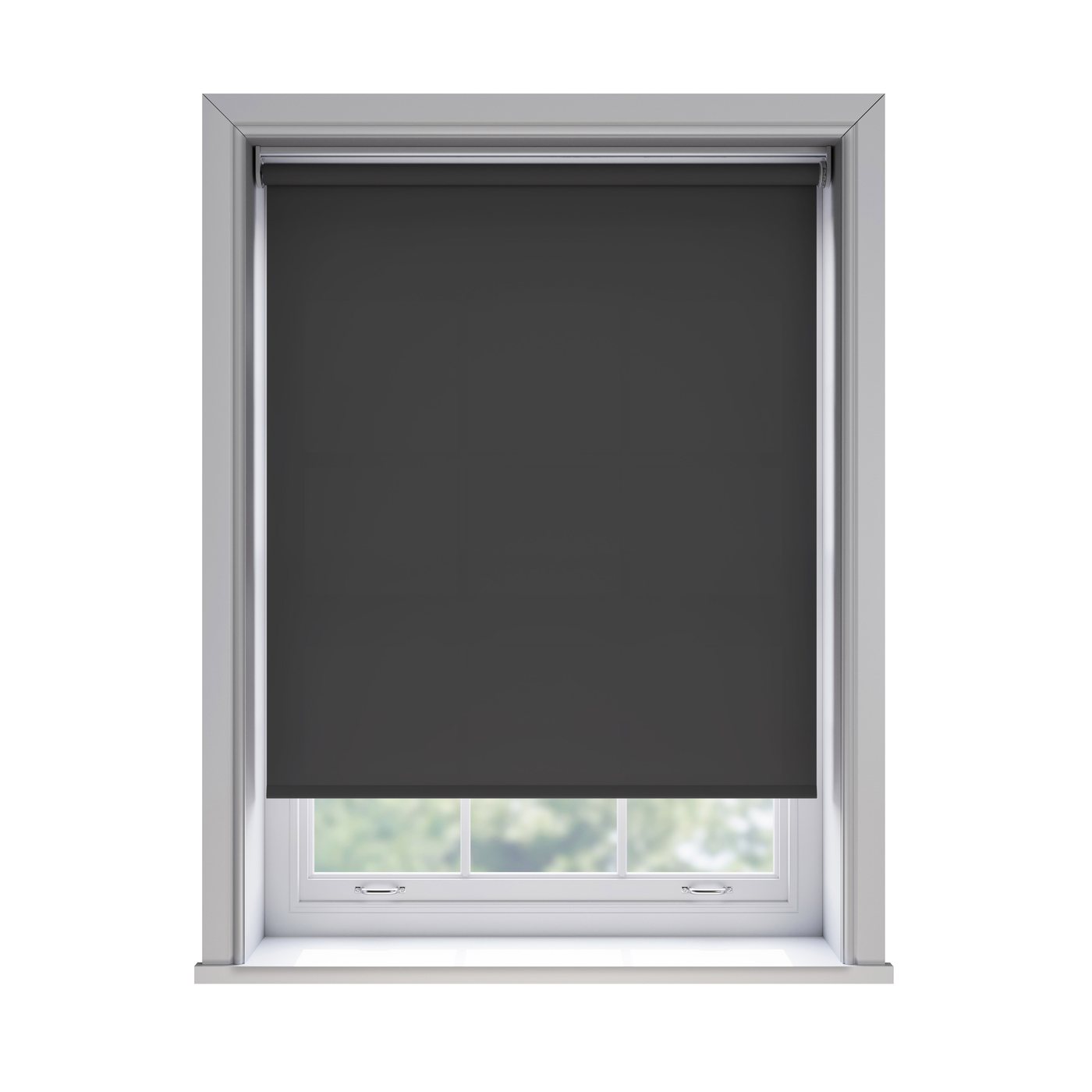 Splash Noir light filtration roller blind fitted in a white sash window
