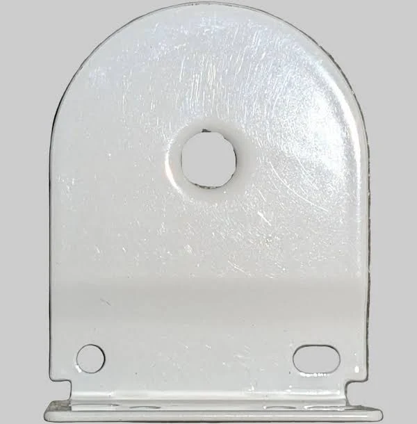 Photo of the pin-end bracket: a rounded white metal bracket with a single round hole in the centre, plus fixing holes near the base.