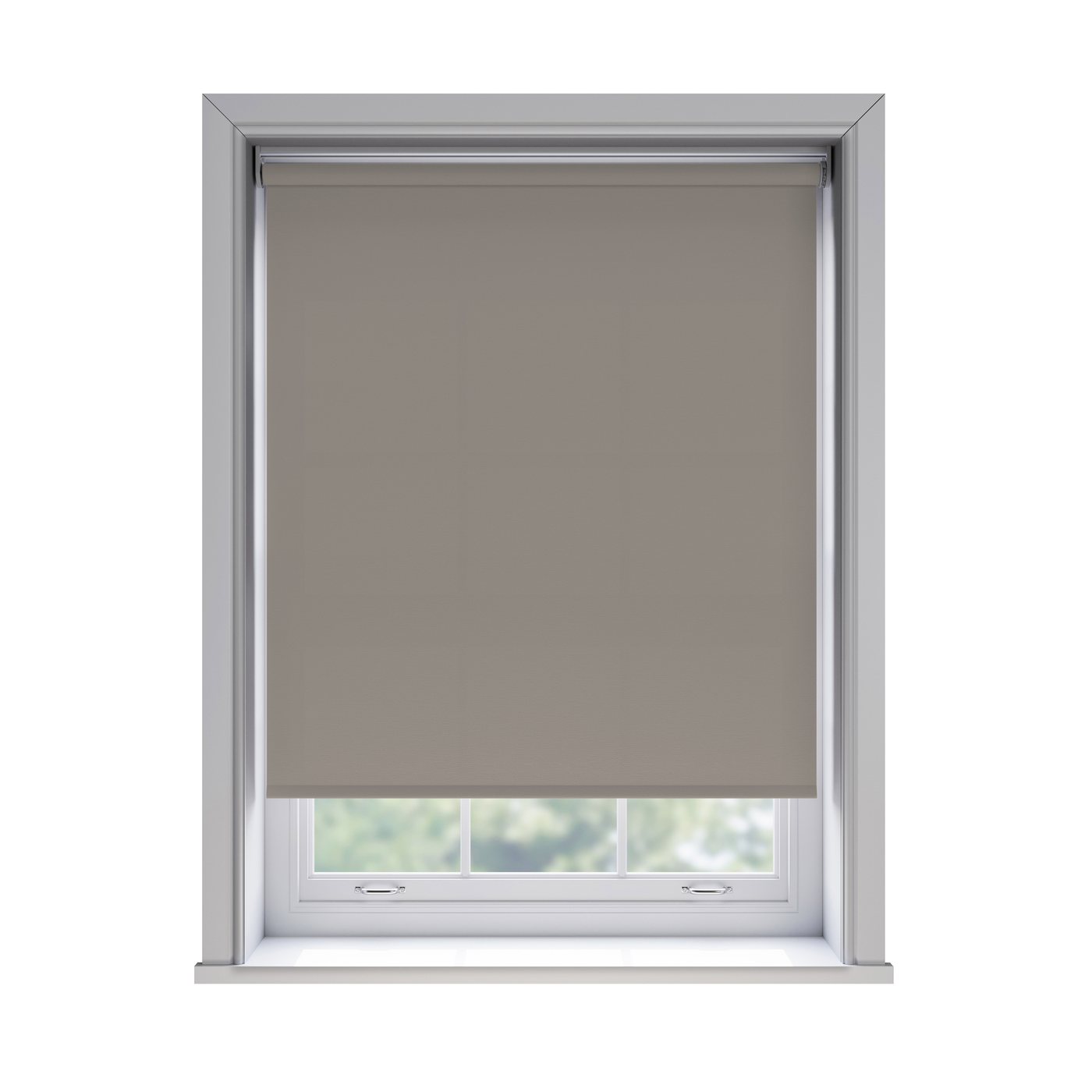 Splash Taupe light filtration roller blind fitted in a white sash window