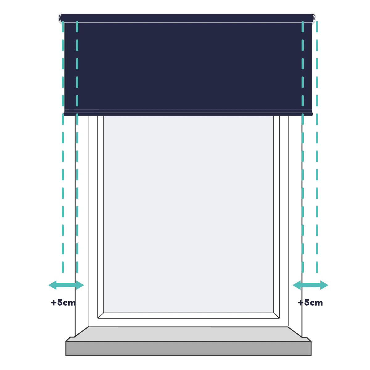 A roller blind fitted on the wall above and outside the window recess, overlapping the opening.