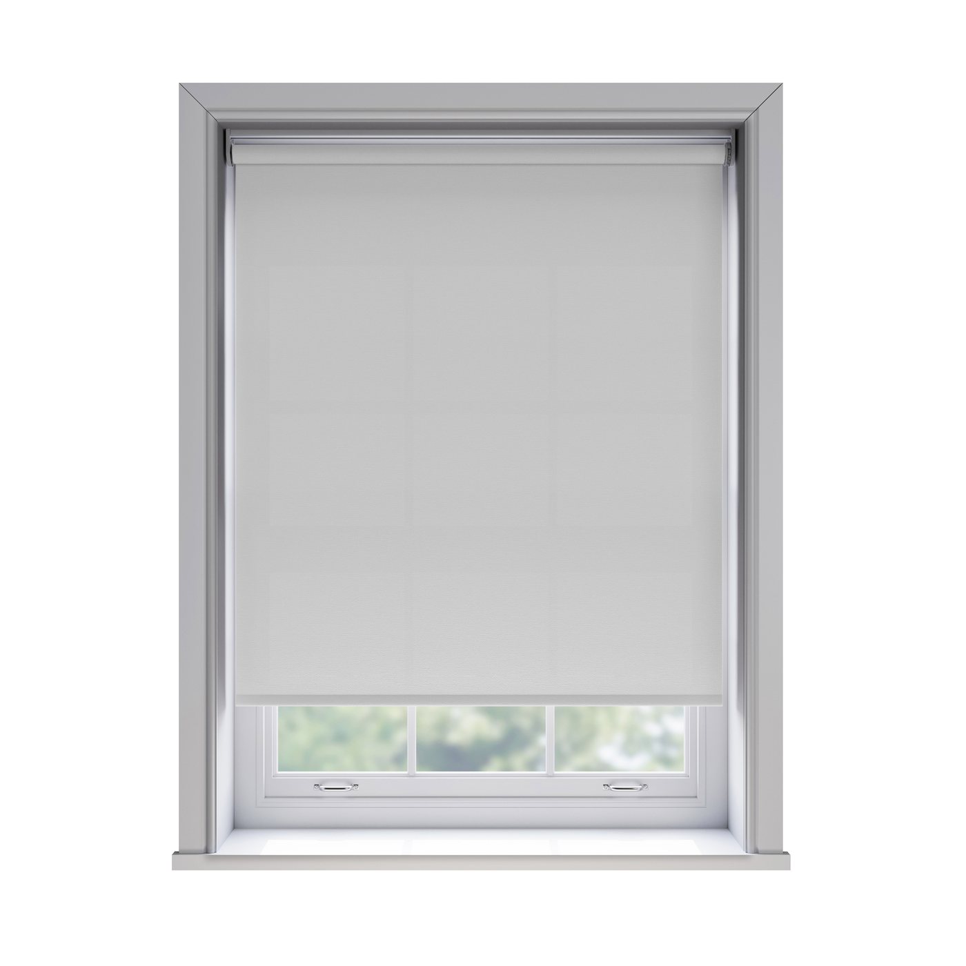 Splash Snow light filtration roller blind fitted in a white sash window