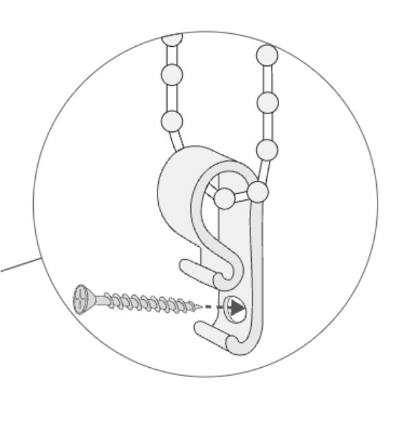 Close-up diagram: the chrome bead chain looped through the P-clip, with a screw and dashed arrow showing it fixed through the clip's hole.
