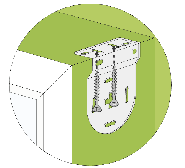 Diagram: a bracket under the top of the recess, with two screws and dashed arrows pointing upwards through the bracket foot into the underside of the recess.