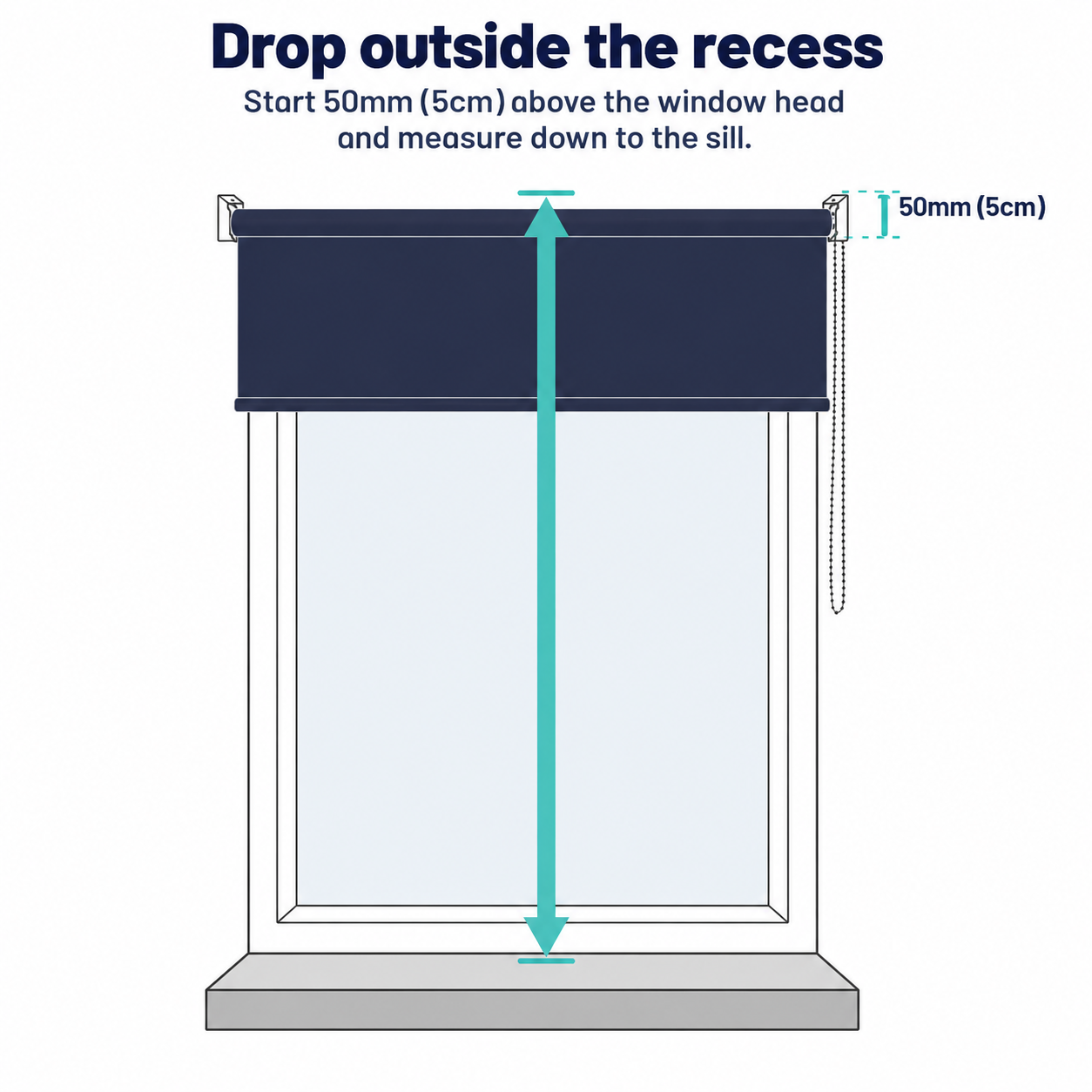 Illustration of a window with a teal arrow starting 50mm above the window head and running straight down to the sill, showing where to measure the drop outside the recess.