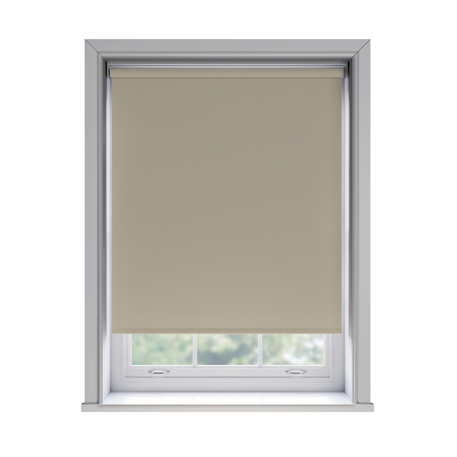Bella Beige blockout roller blind fitted in a window